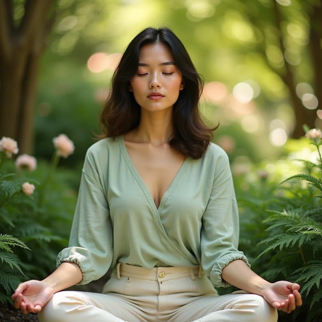 Femme pratiquant la respiration profonde dans un jardin verdoyant