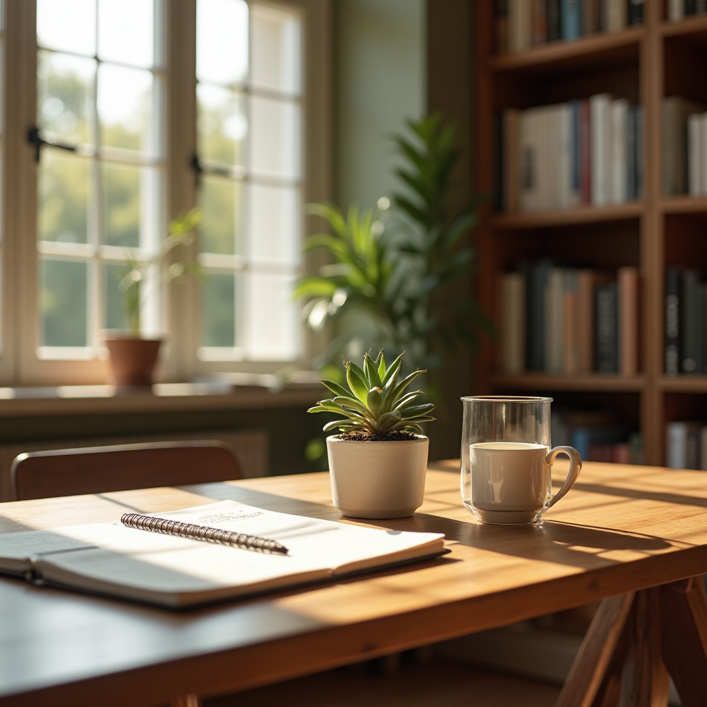 Espace de travail naturel et lumineux évoquant le bien-être et la sérénité