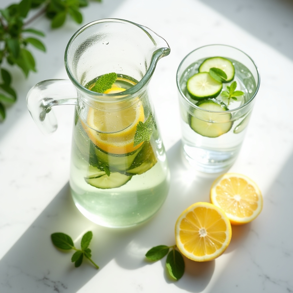 Carafe d'eau avec tranches de citron et herbes fraîches sur une table en bois naturel